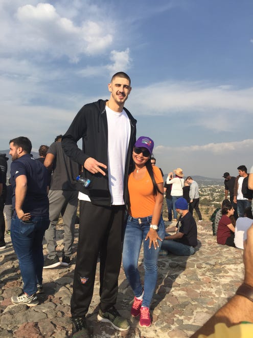 Suns center and a fan pose for a picture at the City of Teotihuacan, the Ancient City of the Pyramids.