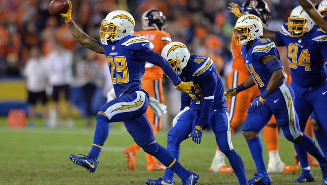 San Diego Chargers cornerback Craig Mager (29) reacts after recovering a fumble by Denver Broncos wide receiver Demaryius Thomas (not pictured) during the fourth quarter at Qualcomm Stadium.