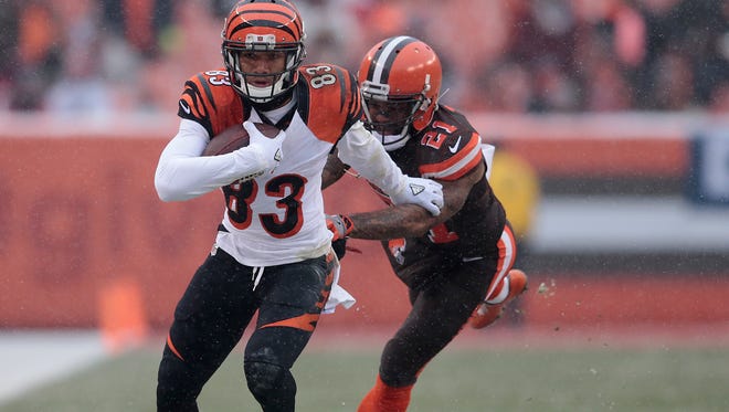 Cincinnati Bengals wide receiver Tyler Boyd (83) turns upfield after making a catch in the second quarter during the Week 14 NFL game between the Cincinnati Bengals and the Cleveland Browns, Sunday, Dec. 11, 2016, at FirstEnergy Stadium in Cleveland.