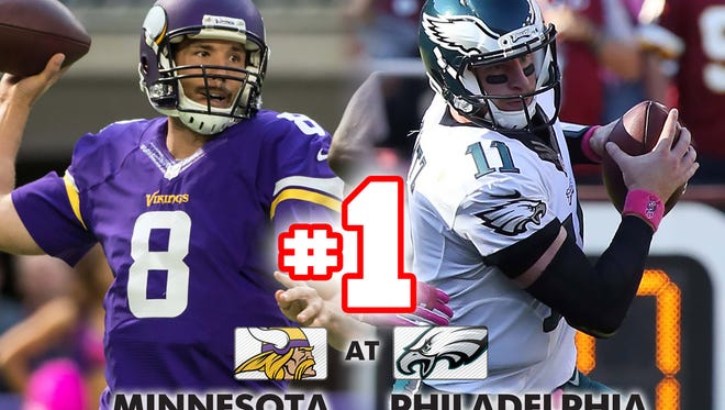 1. Vikings at Eagles: Sam Bradford guides the NFL's lone undefeated team into a big matchup against his former team in Philadelphia.