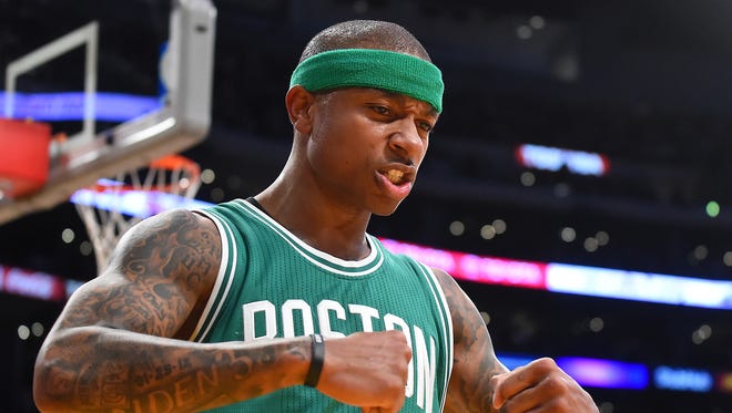 Boston Celtics guard Isaiah Thomas (4) reacts after he is fouled by Los Angeles Lakers forward Brandon Ingram (not pictured) on a drive to the basket in the second half of the game at Staples Center.