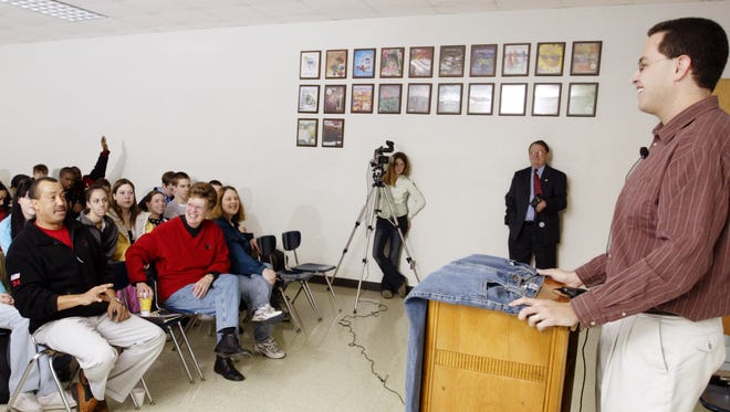 Jared Fogle, spokesperson for Subway, speaking to Dana Witmer's marketing class at the J. Everett Light Career Center and other North Central students and teachers on Friday, March 11, 2005.