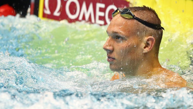 Caeleb Dressel reacts to winning the 100 butterfly during the 2017 USA Swimming Phillips 66 National Championships at Indiana University Natatorium in June.