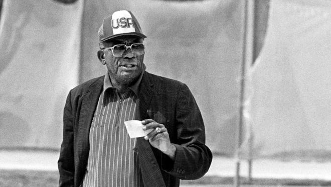 Tennessee State head track coach Ed Temple keeps an eye on his girls at the seventh annual Tigerbelle Relays at Ed Temple track April 14, 1984.