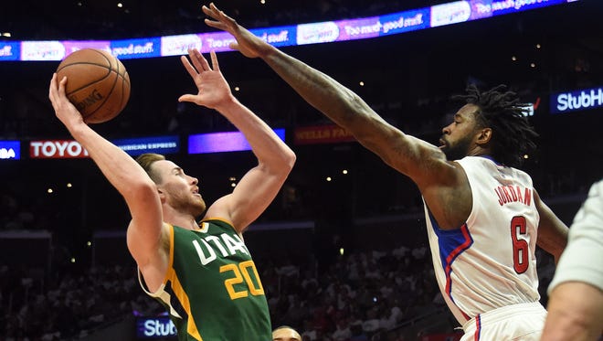 The Utah Jazz's Gordon Hayward moves to the basket against the Los Angeles Clippers' DeAndre Jordan during the Jazz's Game 5 win over the Clippers.