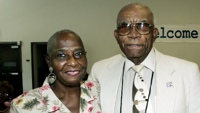 Former TSU track coach Ed Temple, right, and one of his Tigerbelle, Dr. Cynthia Thompson, are attending the Tennessee State Vintagers Celebration luncheon at Jane Elliott Hall on campus Aug. 12, 2005.