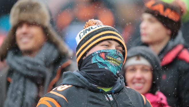 A Cincinnati Bengals fan enjoys the game in the second quarter during the Week 14 NFL game between the Cincinnati Bengals and the Cleveland Browns, Sunday, Dec. 11, 2016, at FirstEnergy Stadium in Cleveland. Cincinnati won 23-10.