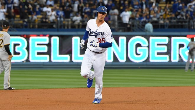 May 10: Cody Bellinger rounds the bases after hitting a two-run home run in the first inning against the Pirates.