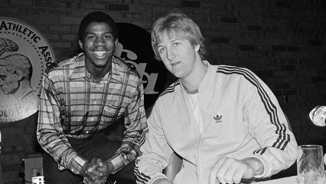 In this March 25, 1979 file photo, Earvin 'Magic' Johnson, left, of Michigan State, and Larry Bird of Indiana State during a news conference in Salt Lake City.