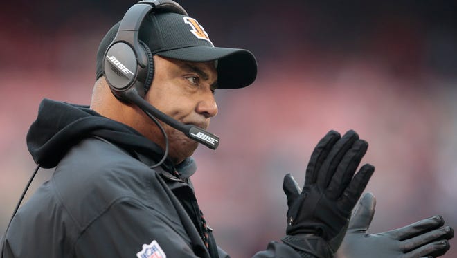 Cincinnati Bengals head coach Marvin Lewis encourages the team in the fourth quarter during the Week 14 NFL game between the Cincinnati Bengals and the Cleveland Browns, Sunday, Dec. 11, 2016, at FirstEnergy Stadium in Cleveland. Cincinnati won 23-10.