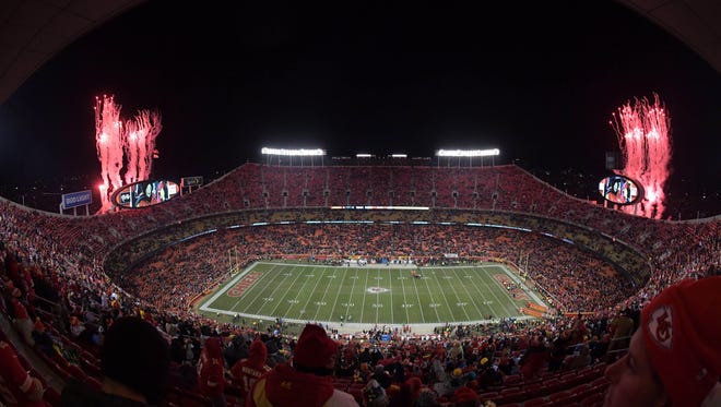 A general view of fireworks during a NFL football game between the Oakland Raiders and the Kansas City Chiefs at Arrowhead Stadium.