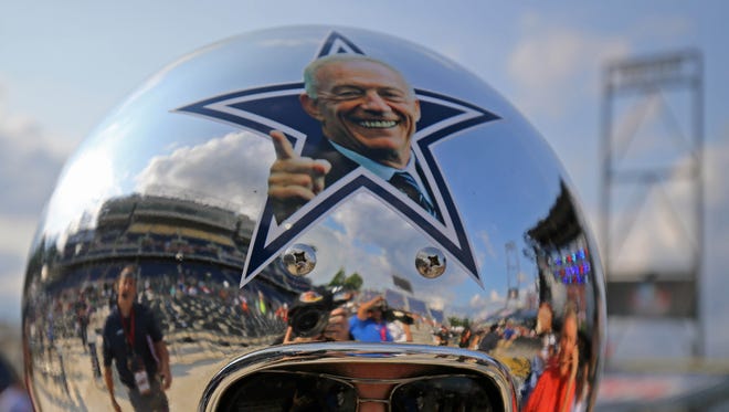 A fan shows support for Jerry Jones prior to the 2017 NFL Hall of Fame enshrinement at Tom Benson Hall of Fame Stadium.