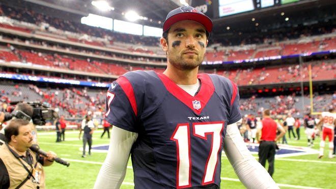 Houston Texans quarterback Brock Osweiler (17) leaves the field following Texans 19-12 victory over the Kansas City Chiefs at NRG Stadium.