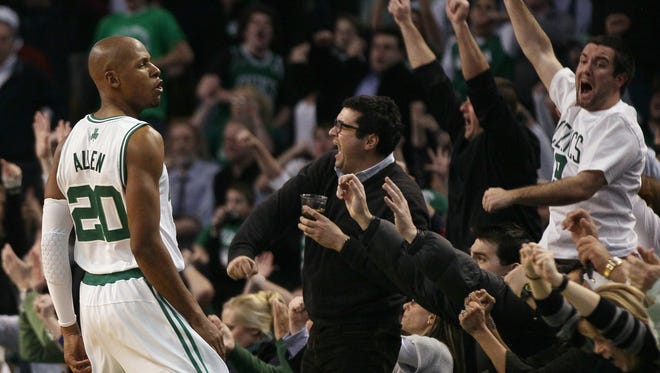 Ray Allen of the Boston Celtics celebrates his game-winning shot in the fourth quarter against the Detroit Pistons on January 19, 2011.
