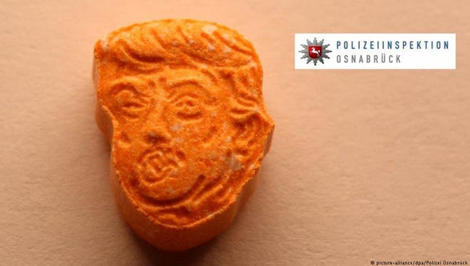 An ecstasy pill in the form of President Trump's head that was confiscated in Germany.