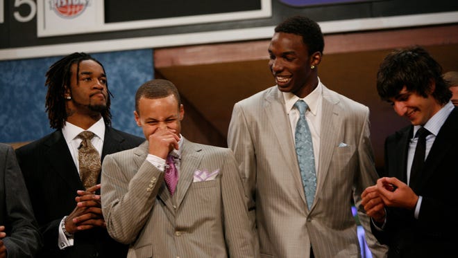 2009: Jordan Hill, Stephen Curry, Hasheem Thabeet and Ricky Rubio joke around before the 63rd annual NBA Draft from The WaMu Theater at Madison Square Garden.