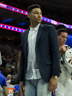 Philadelphia 76ers forward Ben Simmons on the players bench during the second quarter against the Toronto Raptors at Wells Fargo Center.
