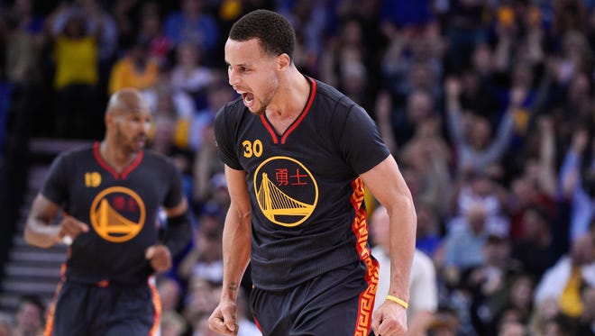 2015: Stephen Curry celebrates against the San Antonio Spurs.