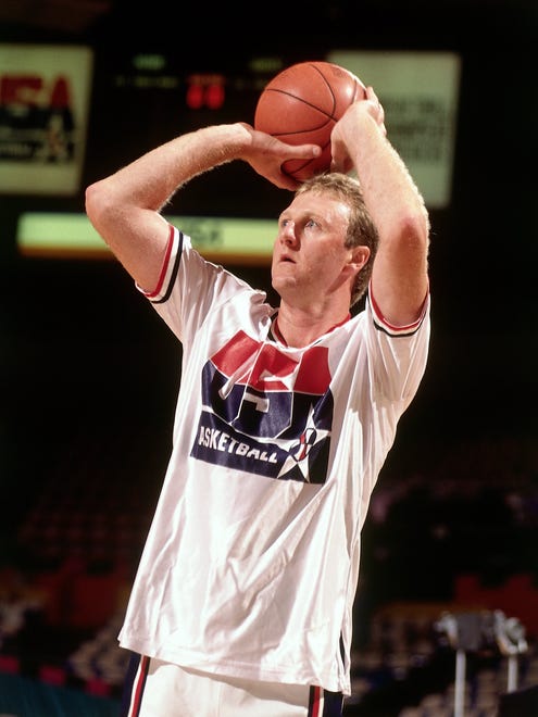 Larry Bird #7 of the United States National Team shoots a jump shot during the 1992 Summer Olympics in Barcelona, Spain.