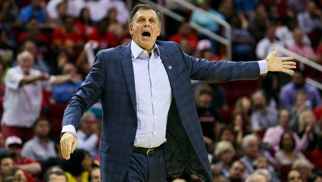 Houston Rockets head coach Kevin McHale shouts at an official after a play during the fourth quarter against the Brooklyn Nets at Toyota Center.