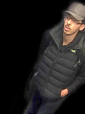 This is a handout photo taken from CCTV and issued on Saturday, May 27, 2017 by Greater Manchester Police who have altered the surrounding area of Salman Abedi,  in an unknown location on the night of the attack on Manchester Arena. The police released surveillance-camera images of the bomber on the night of the May attack as they appealed for information about his final days.