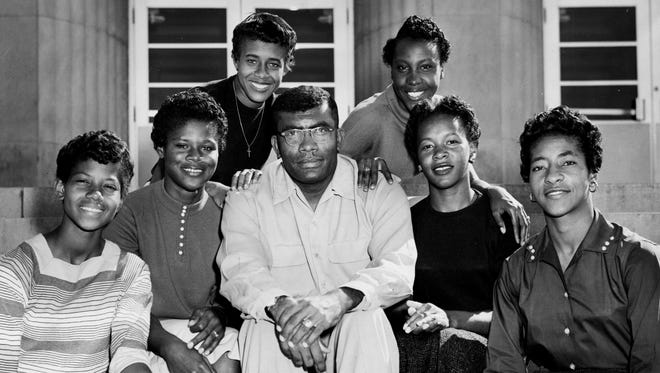 In only his third year as women's track coach at Tennessee A&I State University, Ed Temple, center, has six Tigerbelles, Wilma Rudolph, left, Isabelle Daniels, Willie B. White, Lucinda Williams, Mae Faggs, and Margaret Matthews, here Oct. 13, 1956, bound for the Olympic Games.