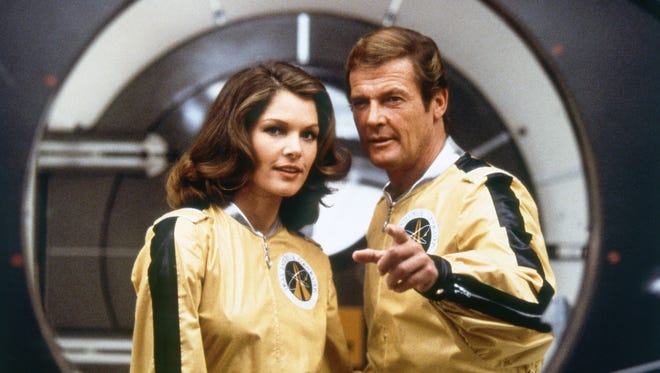 Roger Moore and Lois Chiles on the set of the 1979 Bond film 'Moonraker.'