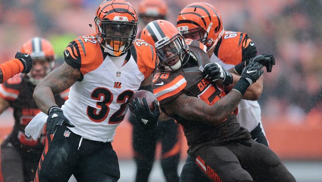 Cincinnati Bengals running back Jeremy Hill (32) carries the ball in the first quarter during the Week 14 NFL game between the Cincinnati Bengals and the Cleveland Browns, Sunday, Dec. 11, 2016, at FirstEnergy Stadium in Cleveland.