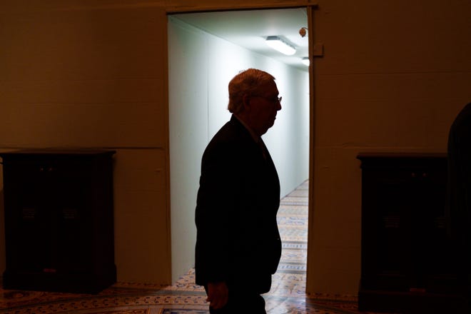 Senate Minority Leader Mitch McConnell (R-KY) walks into the Senate chambers in the U.S. Capitol in Washington DC on May 25, 2022, following a school shooting that occurred in Uvalde, Texas on May 24. At least 19 children and two teachers were killed when a gunman entered Robb Elementary School in Uvalde, Texas on May 24, 2022.