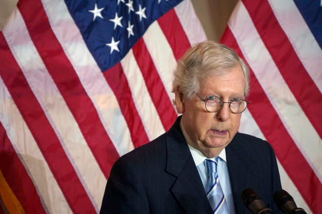 Senate Republican Leader Mitch McConnell speaks after leaders of the House and Senate awarded the Congressional Gold Medal to Capitol Police and other first responders who defended the Capitol against the Jan. 6, 2021 insurrection.