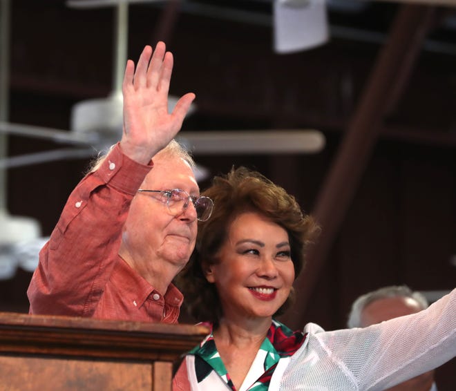 U.S. Senate Minority Leader Mitch McConnell and Elaine Chao, his wife, said goodbye at Fancy Farm 2023 on Aug. 5, 2023.