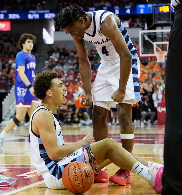Nicolet's Damon Landrum Jr. (15) and Nacir Beamon (4) react to gaining possession of the ball during the second half of the WIAA Division 2 boys basketball state semifinal game against Wisconsin Lutheran on Friday March 15, 2024 at the Kohl Center in Madison, Wis.