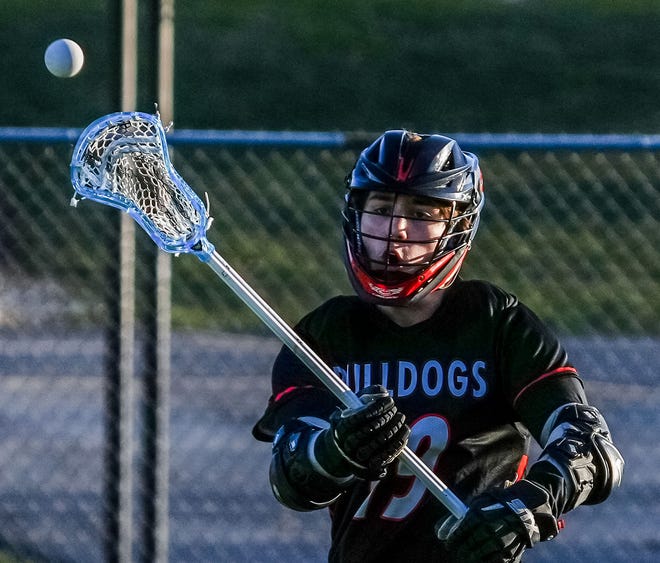 Cedarburg's Jake Nelson (19) makes a pass during the lacrosse match at Catholic Memorial on Wednesday, March 20, 2024.