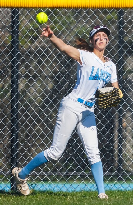 Brookfield Central left fielder Allison Tuler (13) shows one back during the game at home against Menomonee Falls, Monday, April 15, 2024.