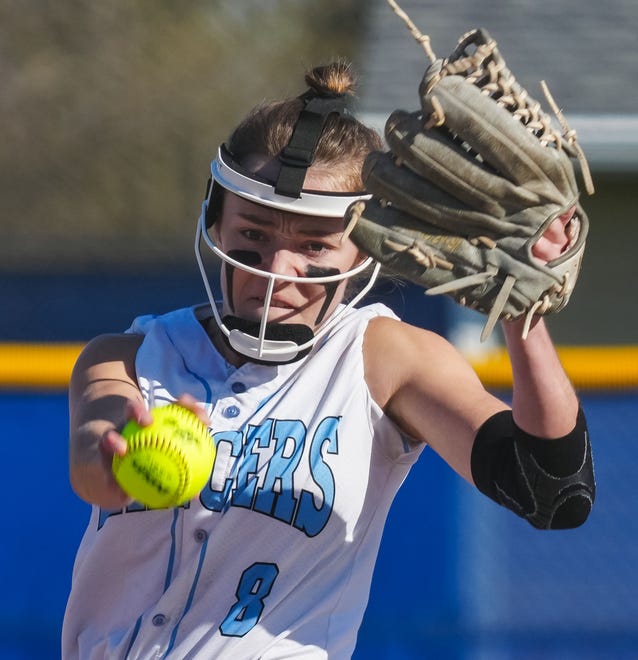 Brookfield Central pitcher Ellie Brand (8) winds up during the game at home against Menomonee Falls, Monday, April 15, 2024.
