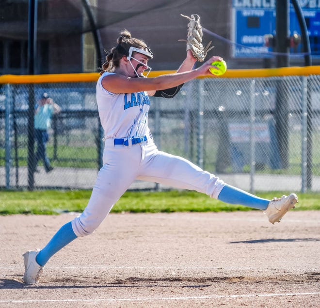 Brookfield Central pitcher Ellie Brand (8) winds up during the game at home against Menomonee Falls, Monday, April 15, 2024.