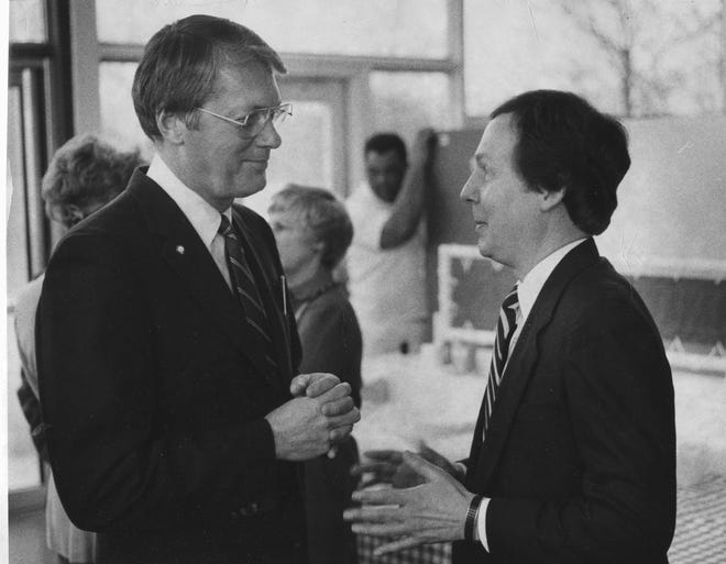 State Sen. Jim Bunning of Fort Thomas, left, and Jefferson County Judge Mitch McConnell talked in Louisville. April 21, 1983.