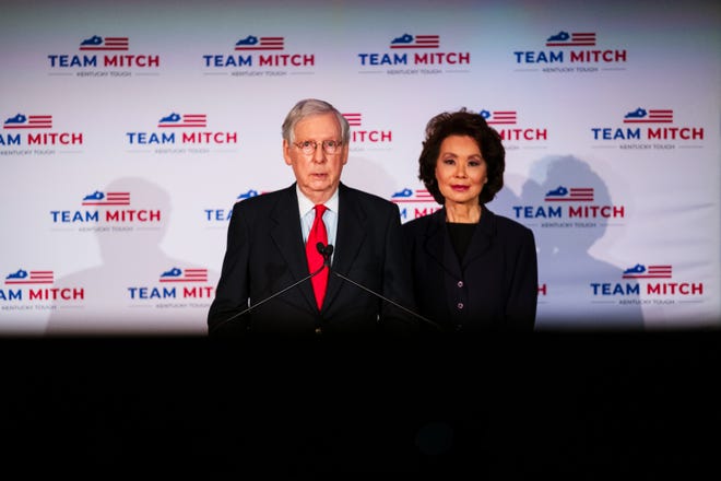 Senate Majority Leader Mitch McConnell (R-KY), delivers his victory speech next to his wife, Elaine Chao, at the Omni Louisville Hotel on November 3, 2020 in Louisville, Kentucky. McConnell has reportedly defeated his opponent, Democratic U.S. Senate candidate Amy McGrath, marking his seventh consecutive U.S. Senate win.