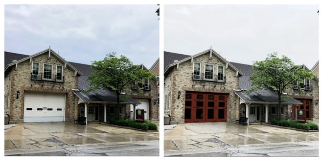 The white solid doors of the Shorewood fire station would be replaced with red doors with larger windows under a proposed renovation plan.